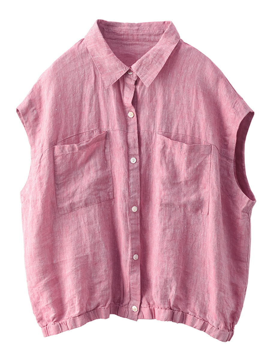 Women Summer Casual Plaid Button-up Linen Shirt HH013 BUYKUD