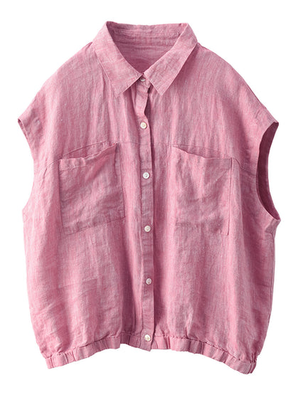 Women Summer Casual Plaid Button-up Linen Shirt HH013 BUYKUD