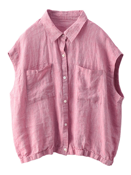 Women Summer Casual Plaid Button-up Linen Shirt HH013 BUYKUD