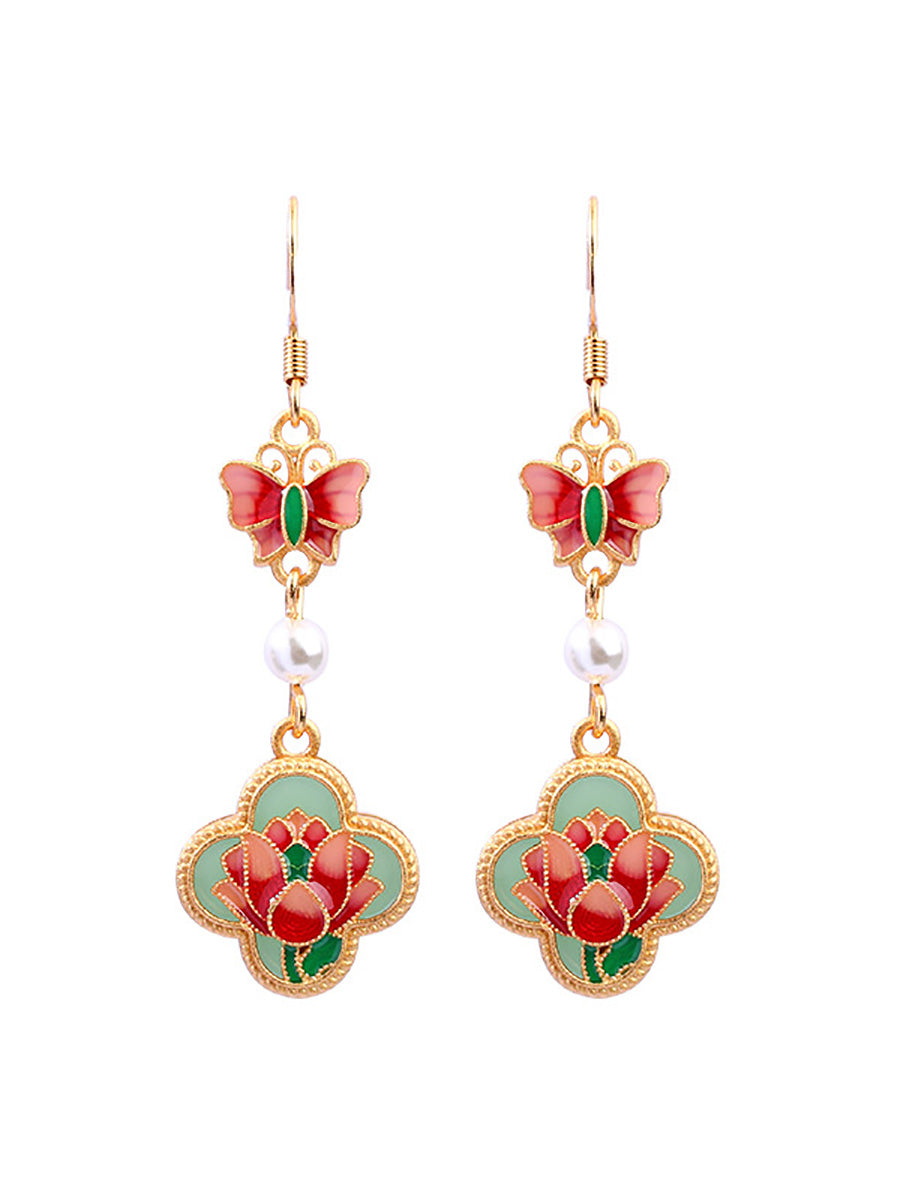 Women Vintage Enamel Flower Butterfly Pearl Earrings AH1086 BUYKUD