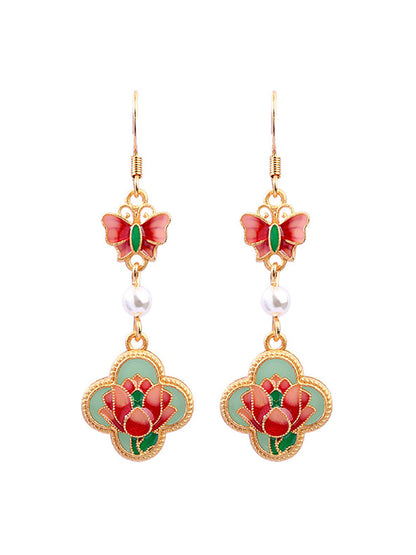 Women Vintage Enamel Flower Butterfly Pearl Earrings AH1086 BUYKUD