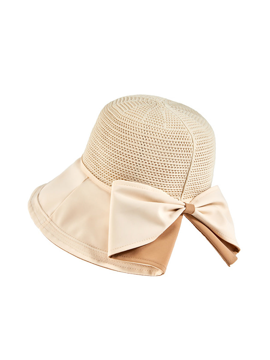 Women Summer Artsy Solid Spliced Bowknot Sunproof Hat CX001 BUYKUD