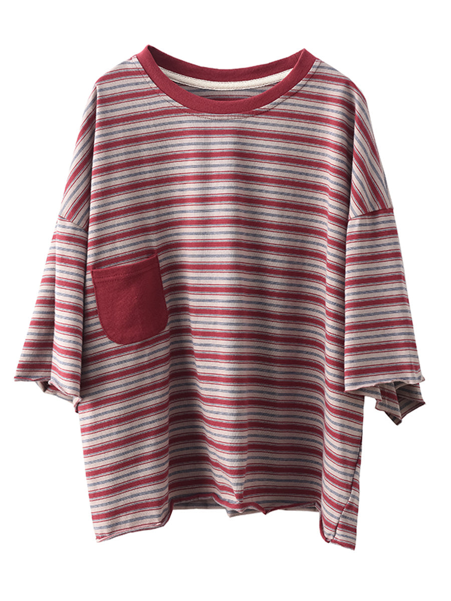 Women Casual Summer Stripe Spliced Loose Shirt CO1047 Ada Fashion