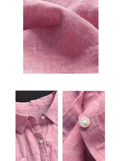 Women Summer Casual Plaid Button-up Linen Shirt HH013 BUYKUD