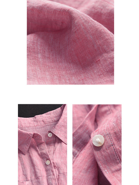 Women Summer Casual Plaid Button-up Linen Shirt HH013 BUYKUD