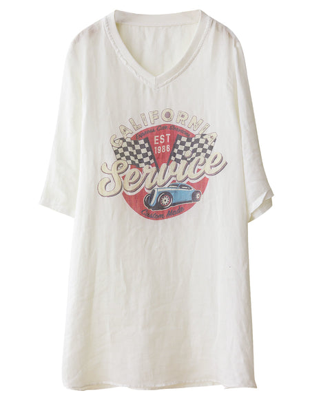 Women Summer Casual Print V-Neck Ramie Long Shirt LL022 LPP