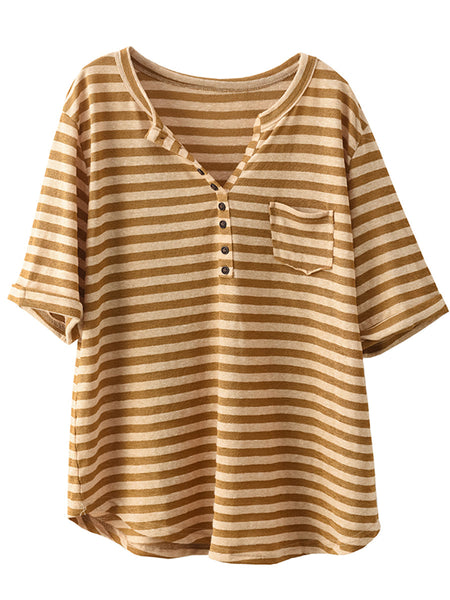 Women Sumer Casual Stripe V-Neck Button Shirt II1019 BUYKUD