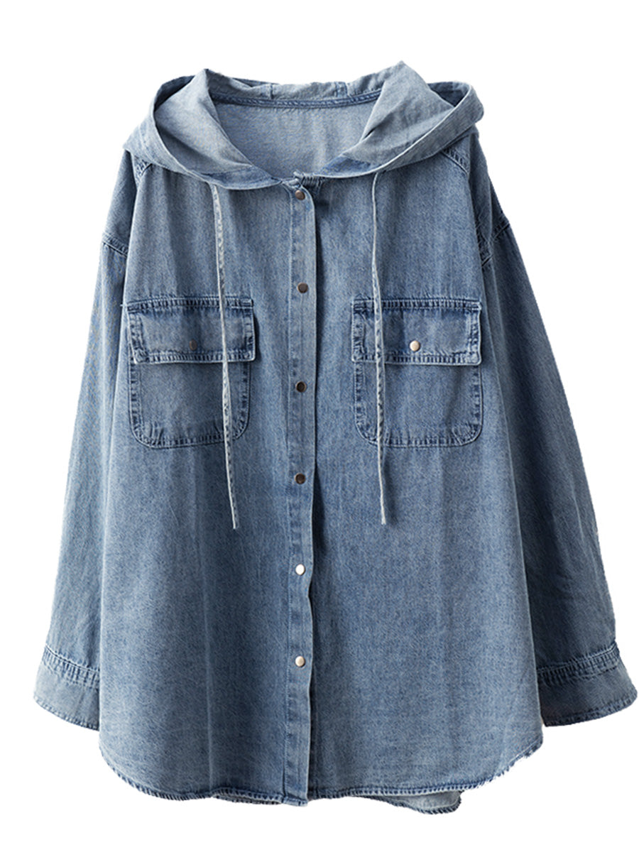 Women Casual Solid Autumn Pocket Denim Hooded Coat AT1026 ZMMM