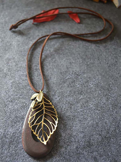 Artsy Hollow Out Metal Leaf Oval Wool Necklace AT1058 PGY