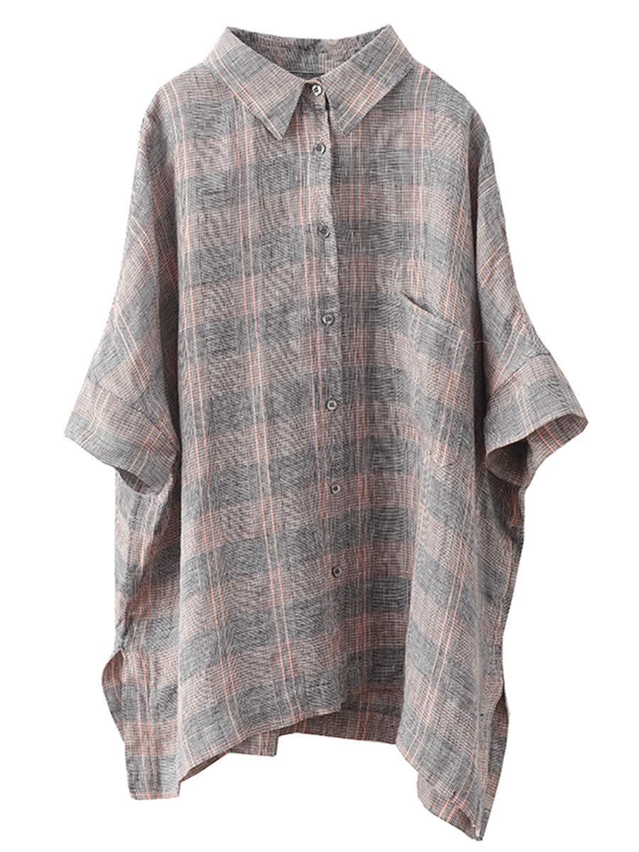 Women Retro Summer Plaid Linen Button-Up Blouse CO1006 Ada Fashion