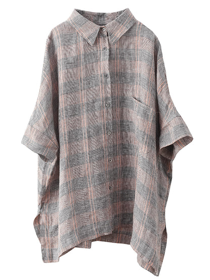 Women Retro Summer Plaid Linen Button-Up Blouse CO1006 Ada Fashion