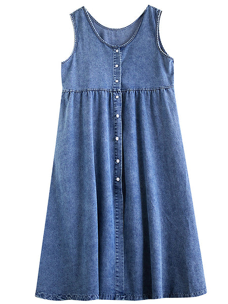 Women Casual Summer Denim A-Shape Loose Vest Dress FD054 BUYKUD