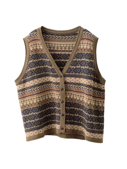 Women Ethnic Stripe V-Neck Cotton Vest WG027 BUYKUD