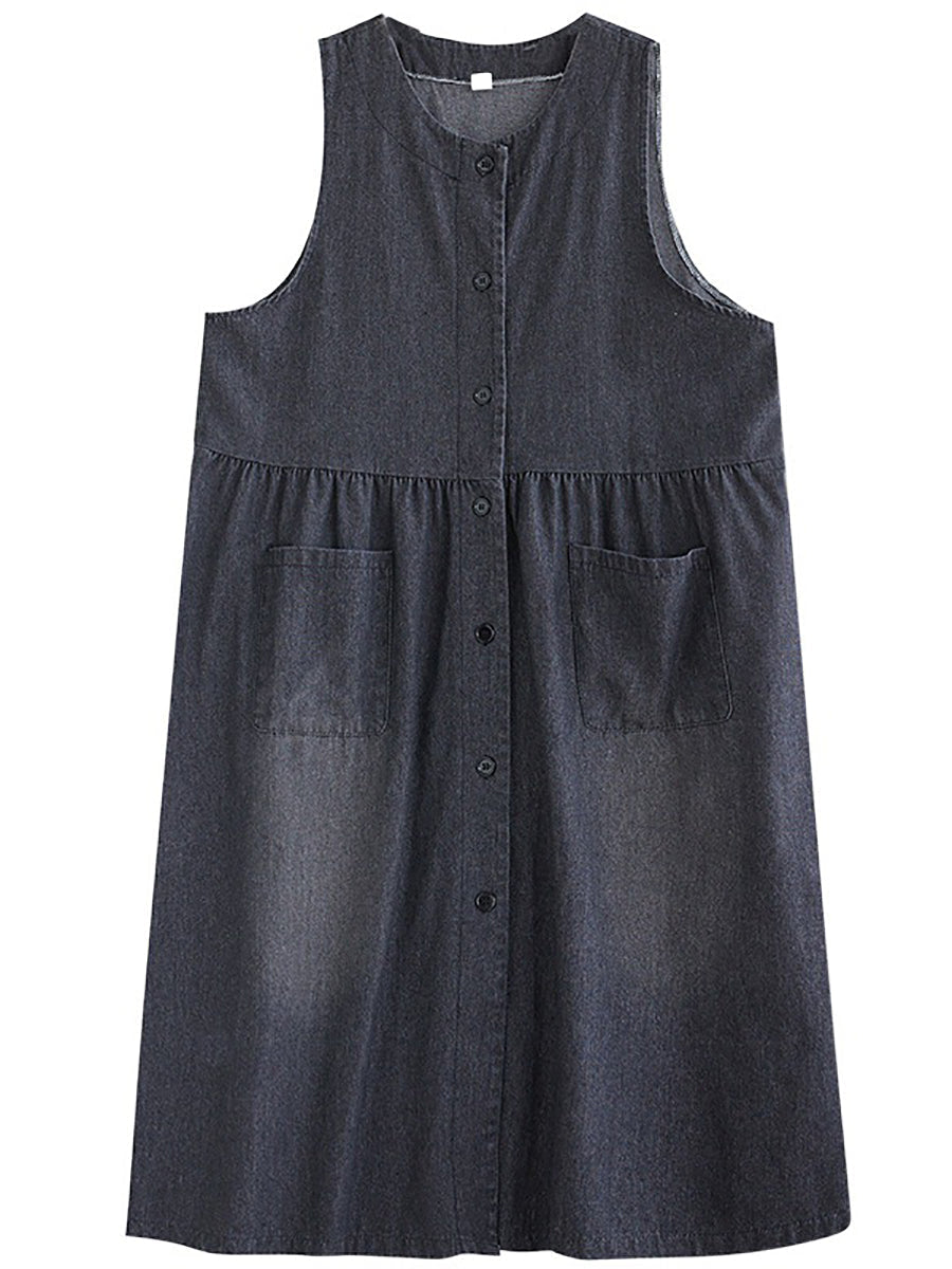 Women Summer Solid Denim Button-up Vest Dress OP1040 BUYKUD