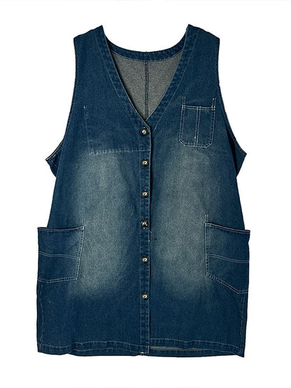 Women Casual Summer Spliced V-Neck Button-up Denim Vest Coat AT1007 BUYKUD