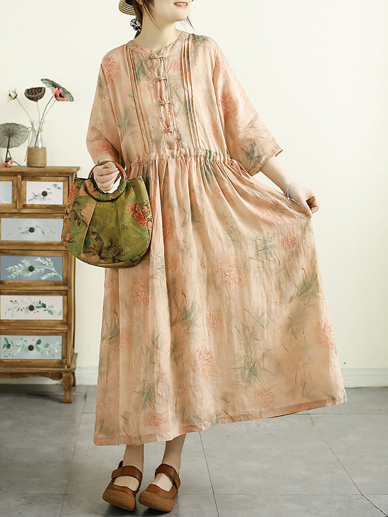 Women Summer Artsy Floral Shirred Ramie Dress QW1043 Ada Fashion