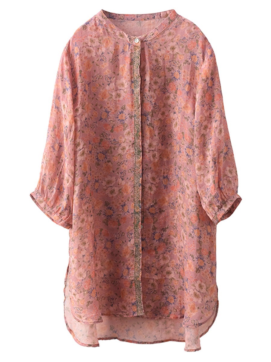 Women Summer Artsy Floral Spliced Ramie Long Shirt TY1024 Ada Fashion