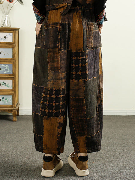 Women Autumn Plaid Spliced Cotton Harem Pants AI1051 BUYKUD