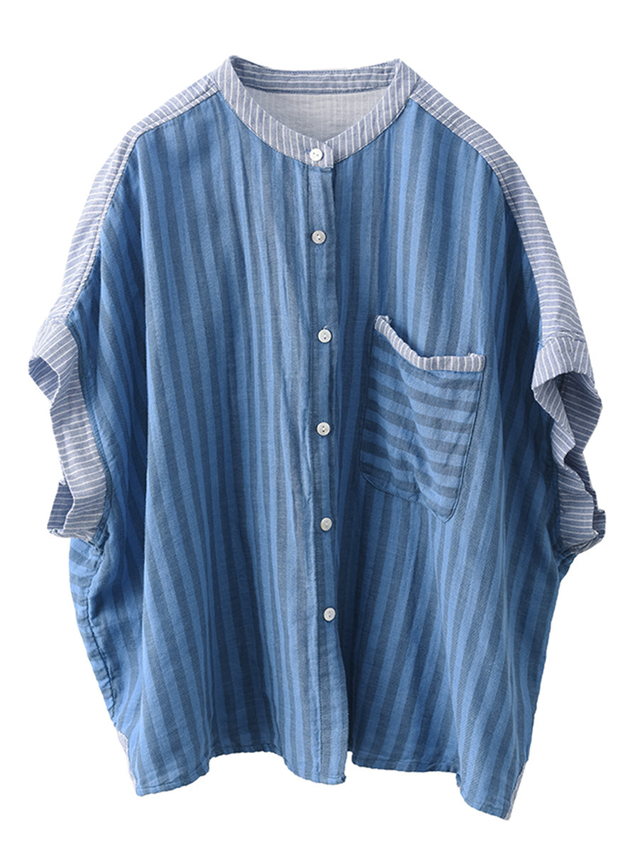 Women Summer Artsy Stripe Spliced Linen Shirt WE1039 Ada Fashion