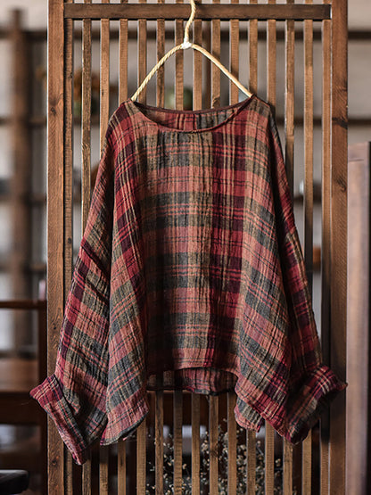 Women Spring Linen Retro Plaid Loose Shirt RR008 QYMM