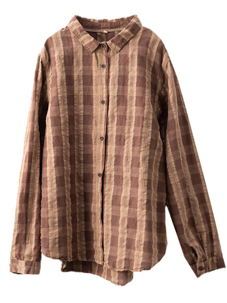 Women Autumn Vintage Plaid Button-up Linen Blouse AT1038 ZMMM