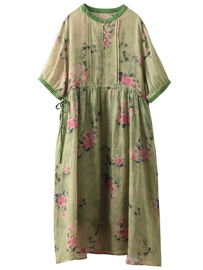 Women Summer Vintage Floral Strap Ramie Dress CX008 ZMMM