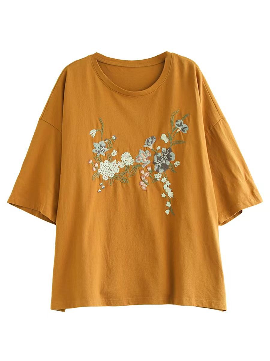 Women Summer Flower Embroidery Cotton O-Neck Shirt AS1007 Ada Fashion