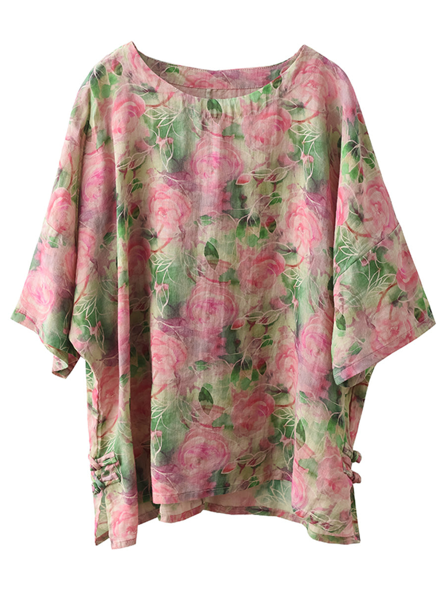 Women Artsy Floral Summer Ramie Pullover Shirt KL1016 Ada Fashion