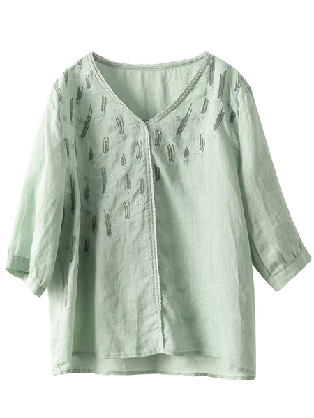 Women Summer Artsy Embroidery V-Neck Ramie Shirt FD005 ZMMM