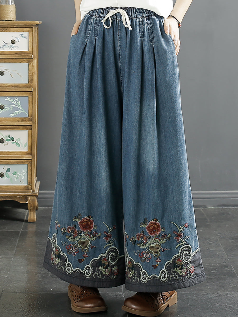 Women Summer Ethnic Embroidery Denim Wide-leg Pants SC1045 Ada Fashion