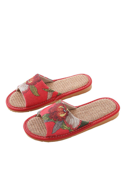 Summer Couple Linen Flower Print Indoor Flat Slippers CC008 BUYKUD