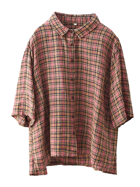 Women Artsy Plaid Summer Button-up Linen Shirt KL1012 Ada Fashion