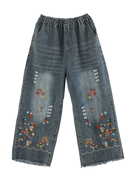 Women Summer Retro Embroidery Frayed Straight Denim Pants AS1042 Ada Fashion
