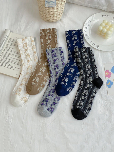 5 Pairs Women Floral Jacquard Cotton Socks AK1035 Genistyle Shop