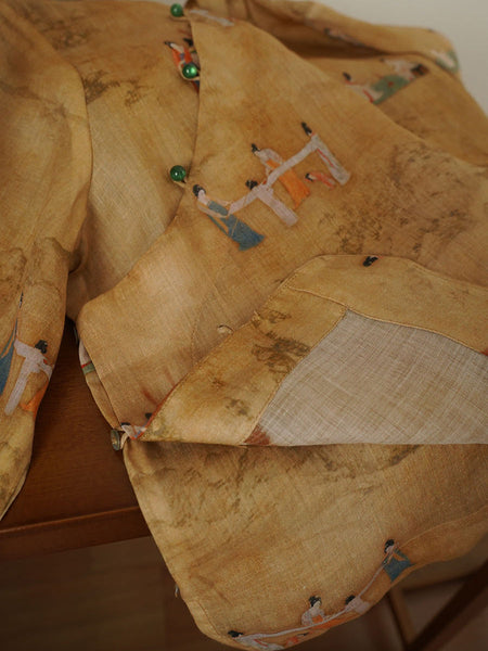 Women Ethnic Print Ramie Stand Collar Loose Shirt FG1043 Ada Fashion