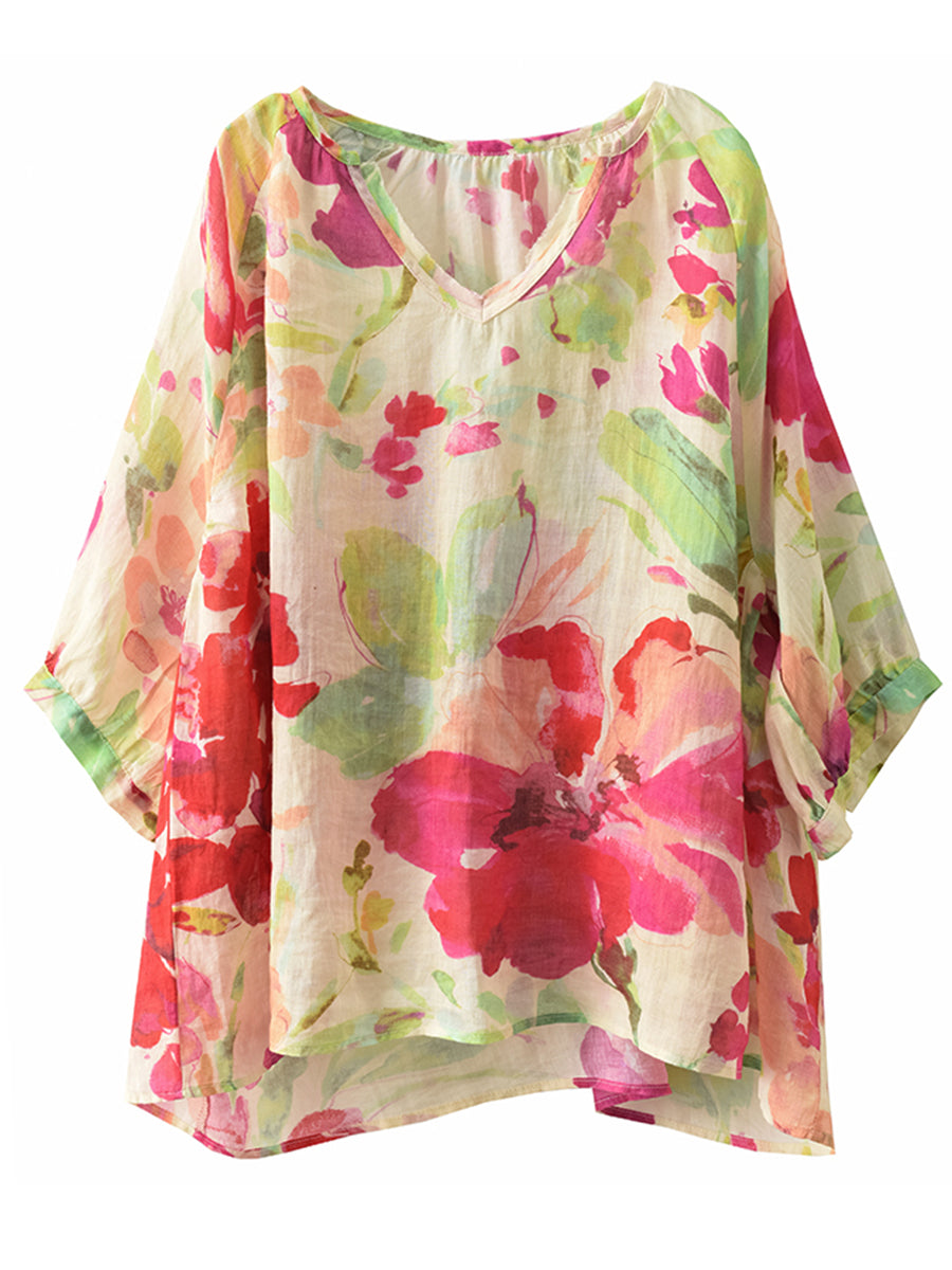 Women Summer Flower V-Neck Ramie Loose Shirt OO1035 ZMMM