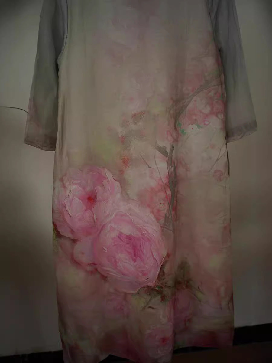 Women Artsy Flower Ramie Buckle Summer Dress XX1020 Ada Fashion