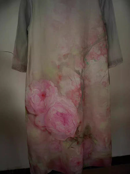 Women Artsy Flower Ramie Buckle Summer Dress XX1020 Ada Fashion