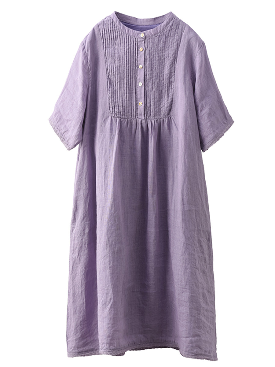 Women Summer Casual Solid Shirred Button Linen Dress HH019 LN