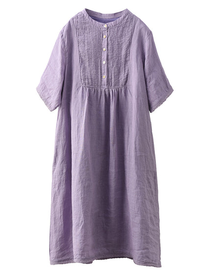 Women Summer Casual Solid Shirred Button Linen Dress HH019 LN