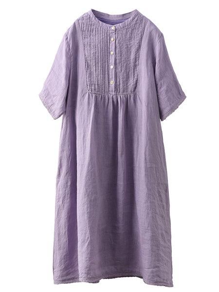 Women Summer Casual Solid Shirred Button Linen Dress HH019 LN