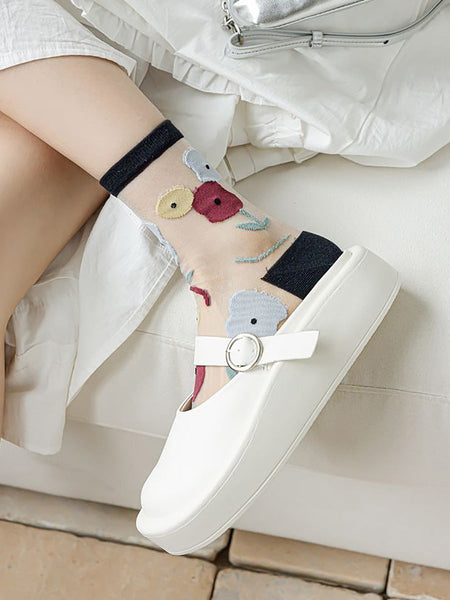 5 Pairs Women Artsy Summer Flower Jacquard Thin Socks CX040 BUYKUD