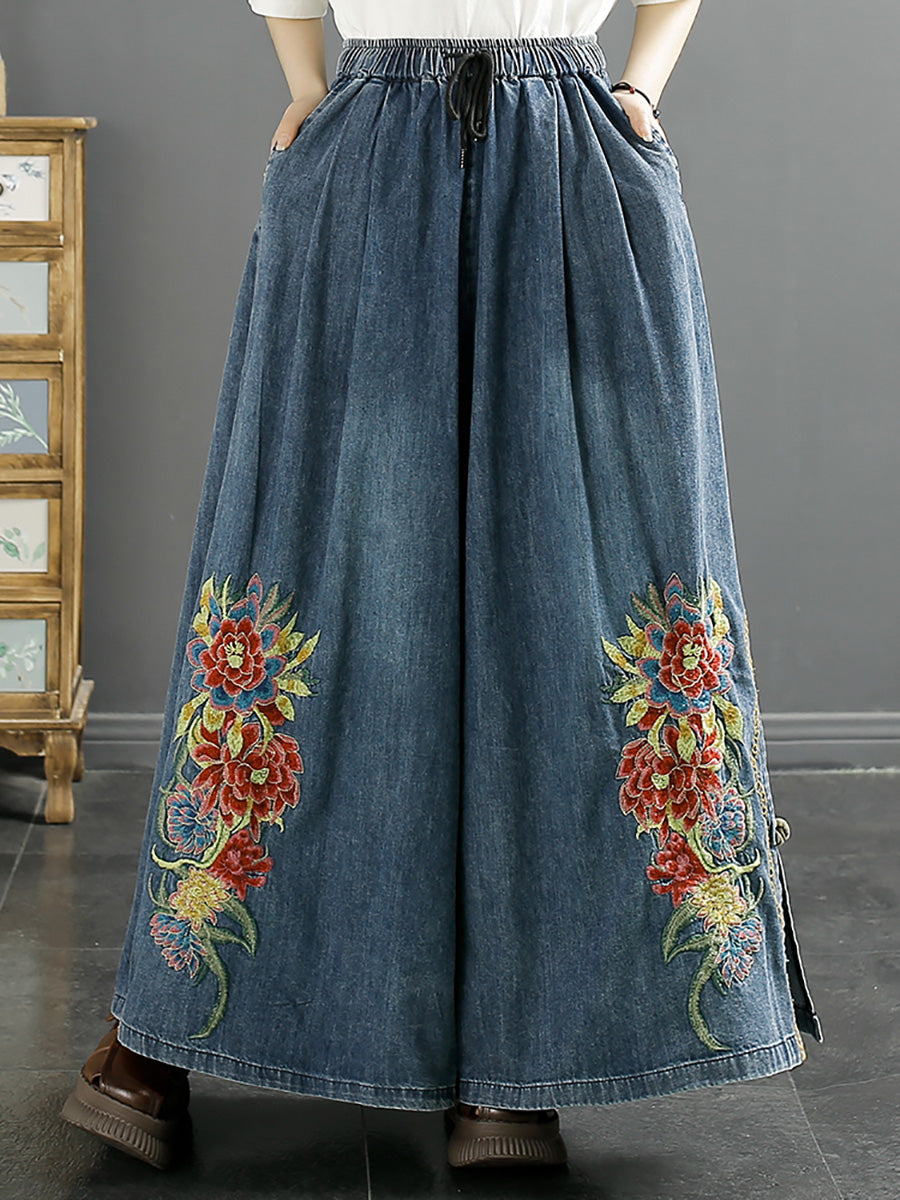 Women Summer Artsy Flower Embroidery Wide-leg Denim Pants CO1043 Ada Fashion