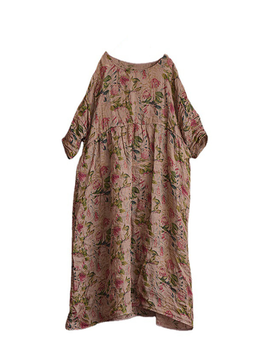 Women Summer Vintage Floral Plaid Loose Ramie Dress OP1008 QYMM