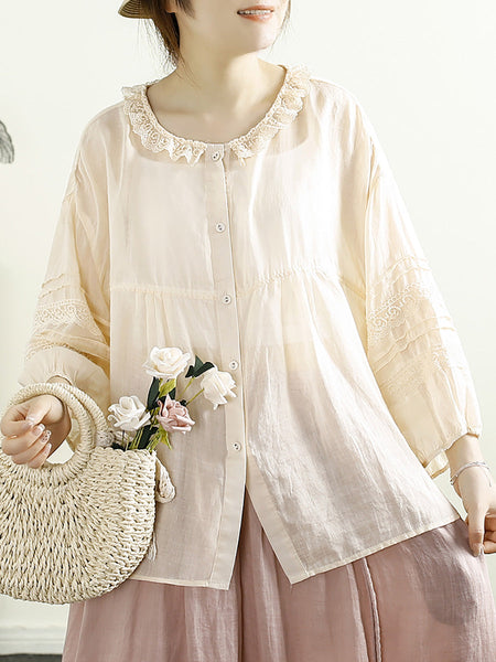 Women Artsy Solid Lacework Button-up Ramie Shirt HH043 MZS