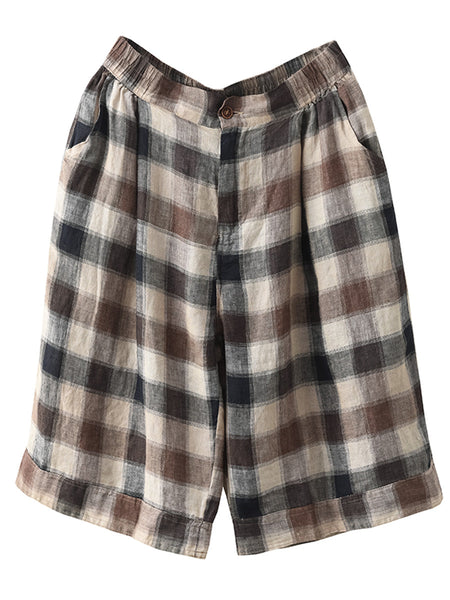 Women Summer Casual Plaid Linen Wide-leg Pants PP1028 BUYKUD