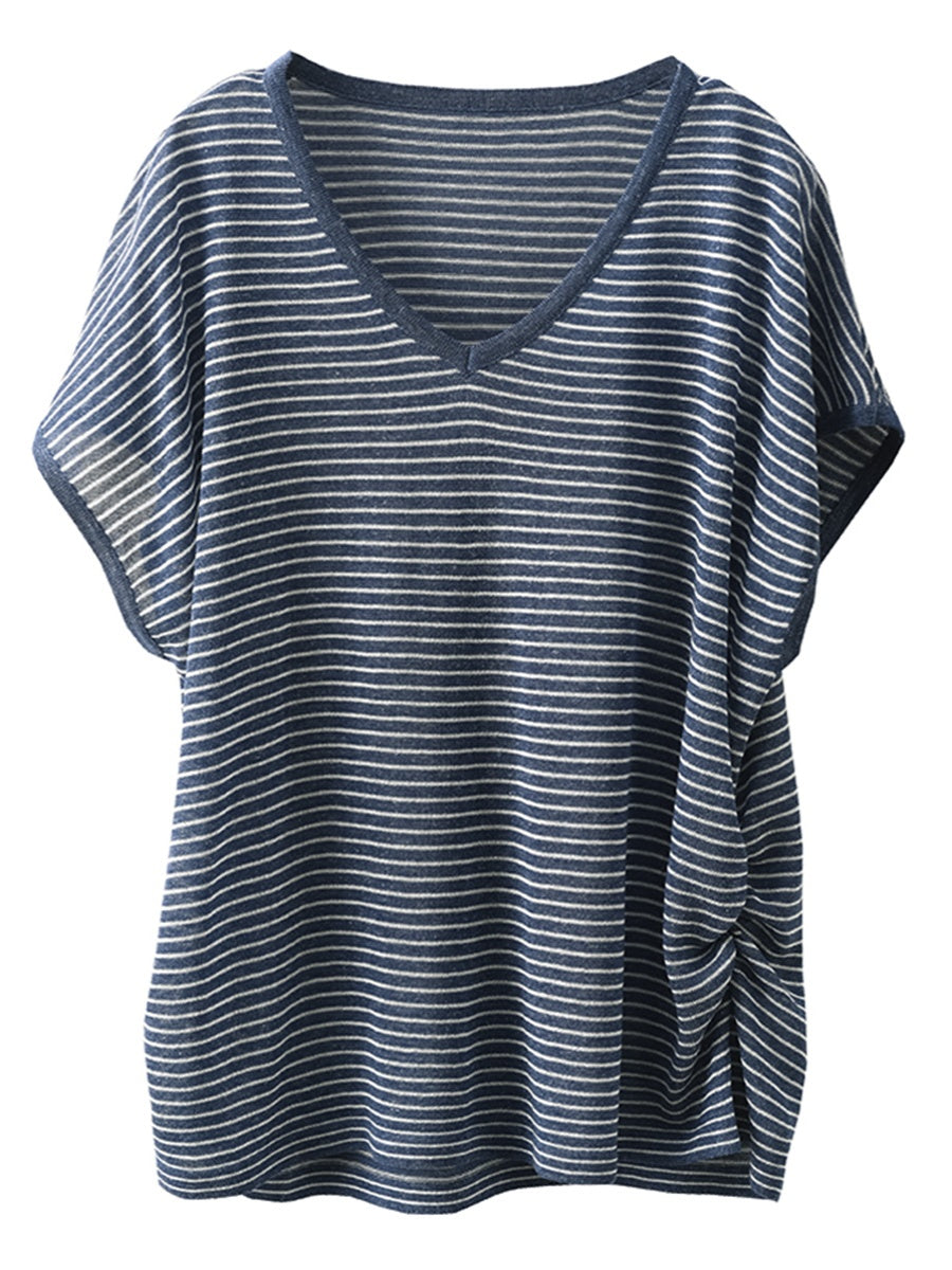 Women Summer Casual Stripe V-Neck Shirt AA1013 Ada Fashion