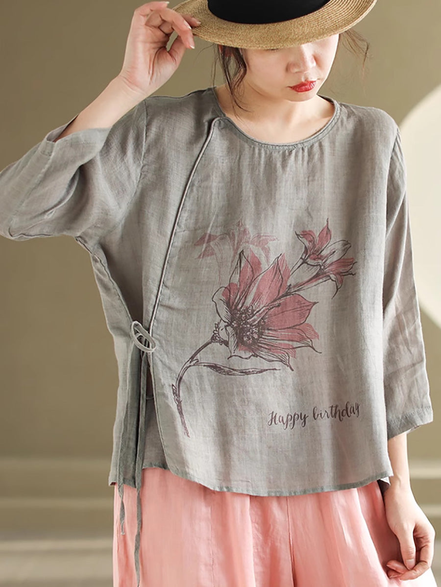 Women Spring Flower Vintage Strap Ramie Blouse PA1032 Ada Fashion