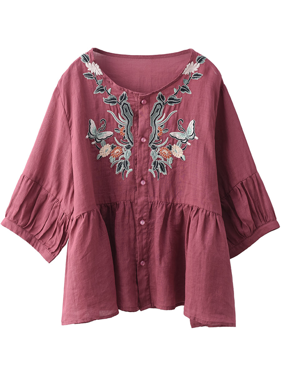 Women Ethnic Flower Embroidery Summer Ramie Shirt QW1015 Ada Fashion