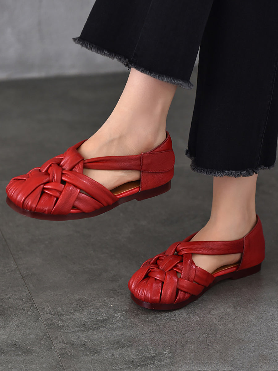 Summer Leather Flat Retro Women Weave Genuine Shoes FashionChic